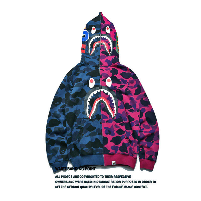 2025 [健康布] 3D デジタル印刷 Bape ブランド シャークヘッド スウェットシャツ メンズ カップル ジッパー カーディガン ベルト付き|undefined