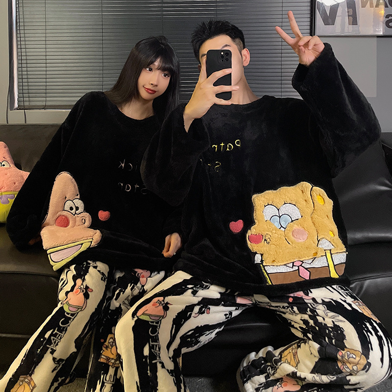 Spongebob Couple Pajamas Women's Autumn and Winter Coral Velvet Cute Cartoon Boys Teenagers Home Clothes Set