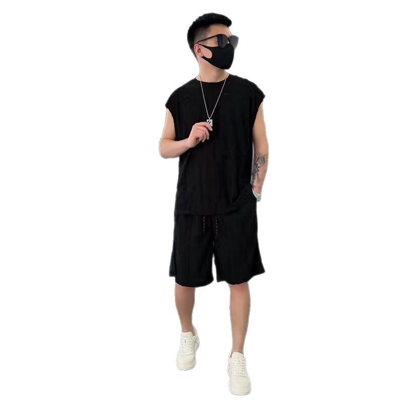 Verano nuevo estilo de hombre estilo de Hong Kong hueco agujero conjunto casual marca de moda chaleco de hombro corto conjunto de dos piezas