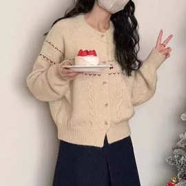 小花朵刺绣单排扣红色毛衣女春秋季2025新款百搭外穿网红针织开衫
