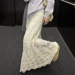 法式重工镂空针织勾花全棉蕾丝半身裙女中长款白色花边a字度假裙