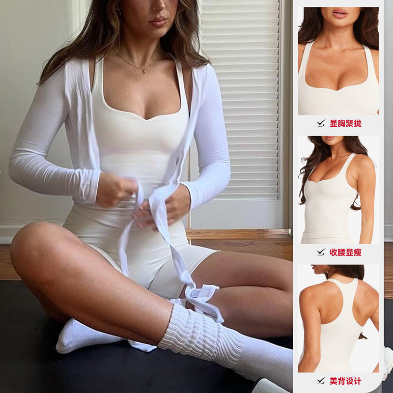 国境を越えたヨーロッパとアメリカの夏用オールインワンフィットネスベスト、胸パッド付きヨガショーツ、女性用ヨガスーツ、ハイエンドセット|undefined