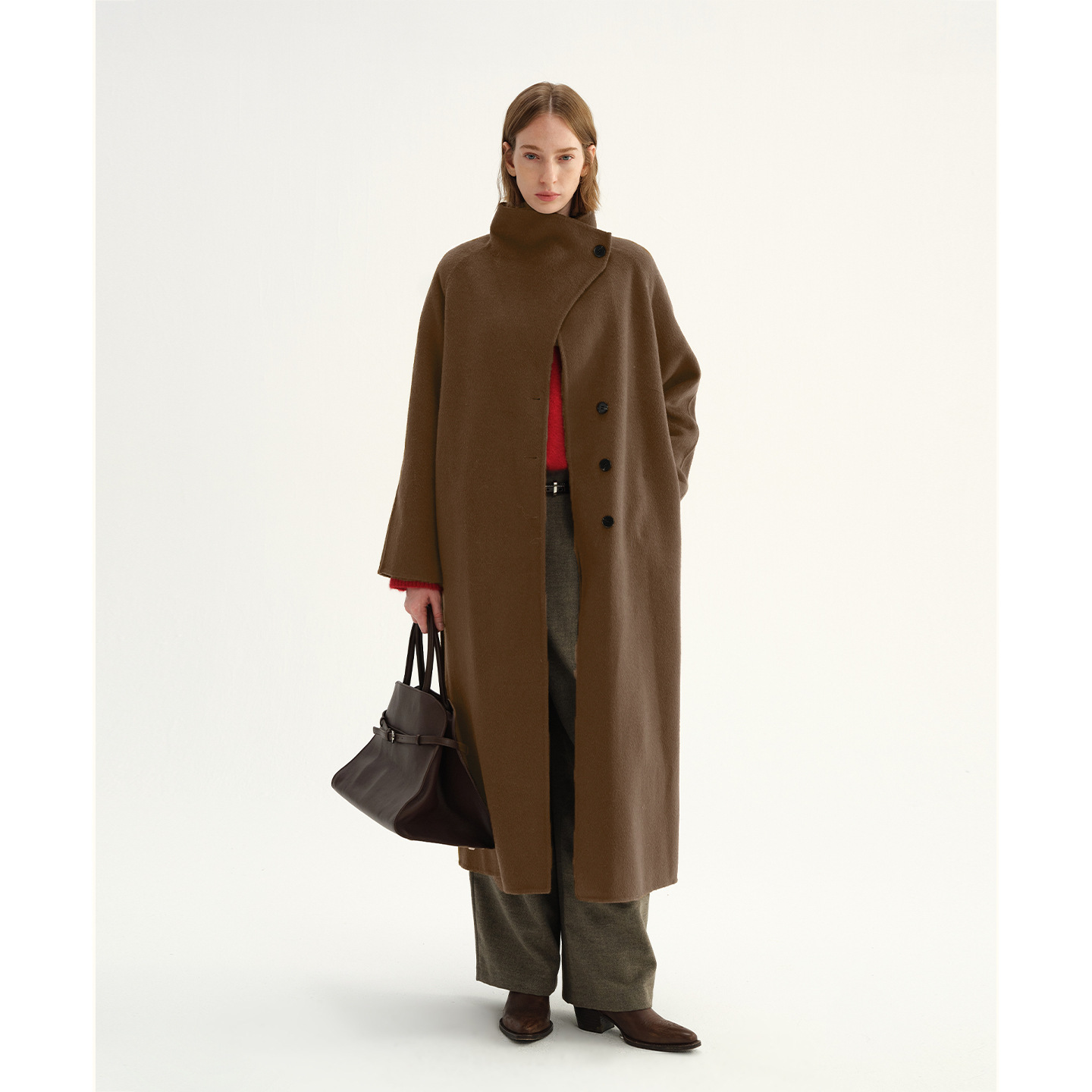 【電子商取引専用】ウール100% グレー タートルネック 両面ウール ロングコート レディース 冬 プレミアムウールコート