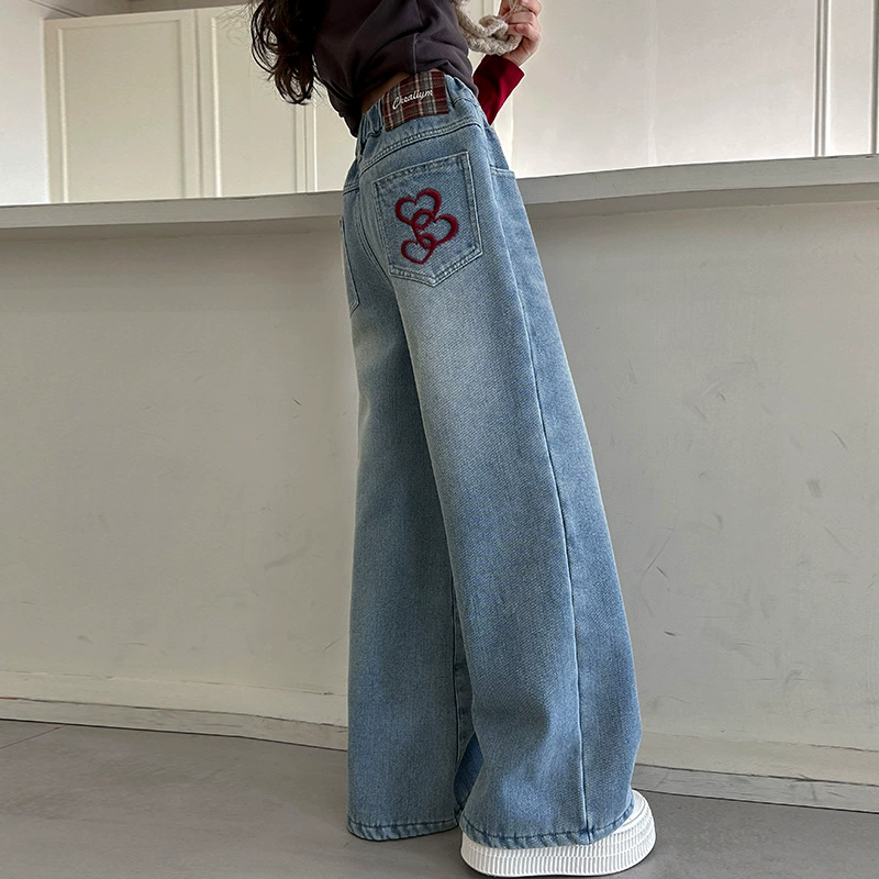 Denim demi-season jeans, children's spring trousers, loose straight fit, for teenagers