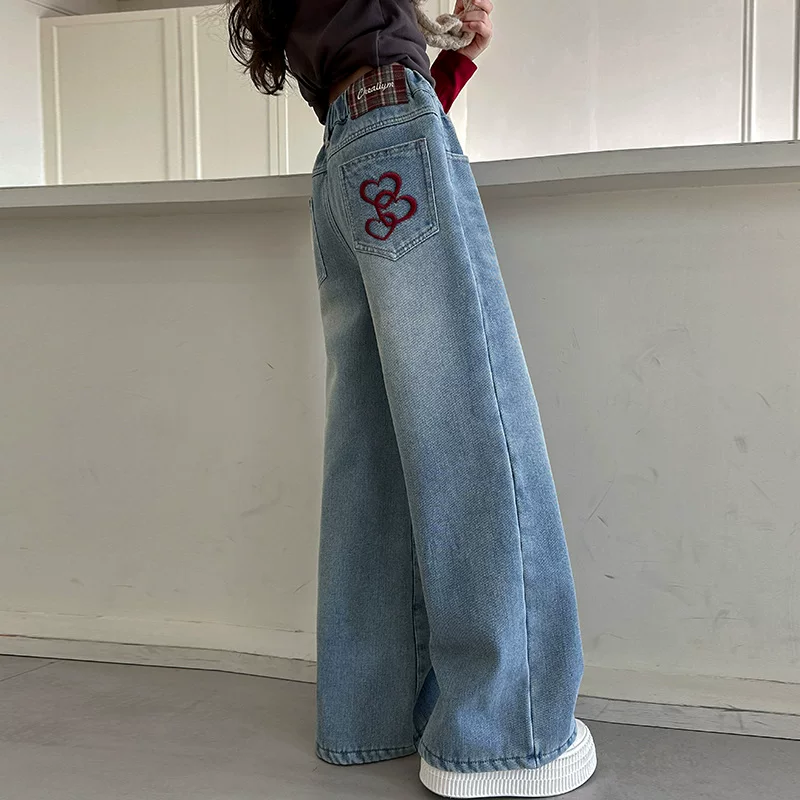 Denim demi-season jeans, children's spring trousers, loose straight fit, for teenagers