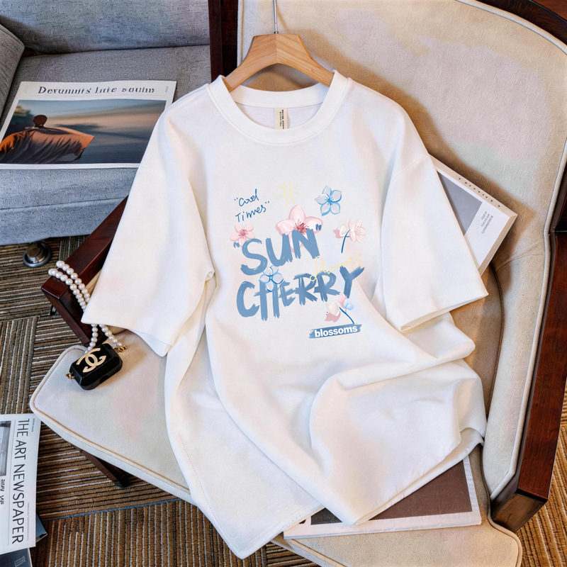 Women's Pure Cotton Short-Sleeve Korean-Style Slimming American Retro Loose New Fashion Printed Ins-Style Top for Summer Women's Pure Cotton Short-Sleeve Korean-Style Slimming American Retro Loose New Fashion Printed Ins-Style Top for Summer