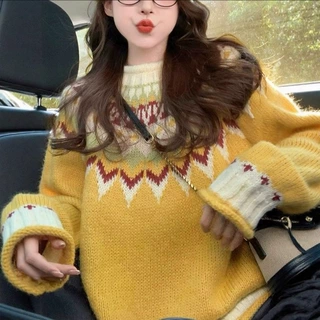 复古费尔岛毛衣女秋冬2025新款设计感慵懒风加厚宽松针织衫