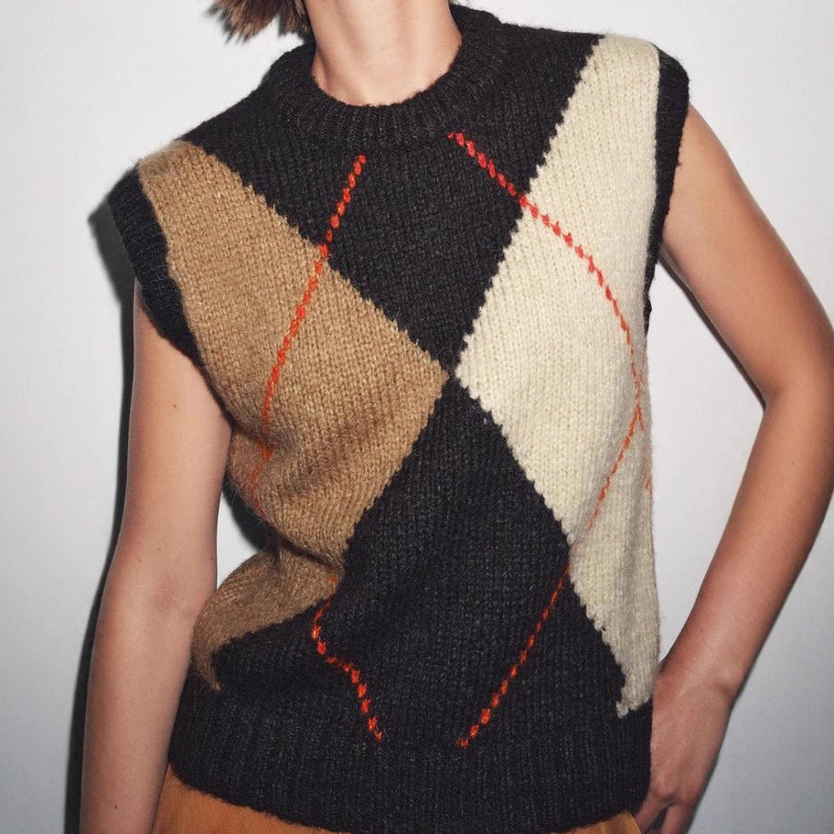 Foreign Trade Autumn and Winter New Women's Clothing American Design Simple Round Neck Sleeveless Diamond Pattern Knitted Vest Style Vest