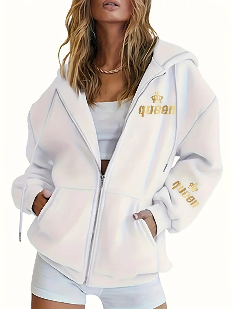 Women's European American Style Letter Print Hooded Sweatshirt Zip Up Casual Fashion Jacket Autumn Winter Print_ecoleips.com