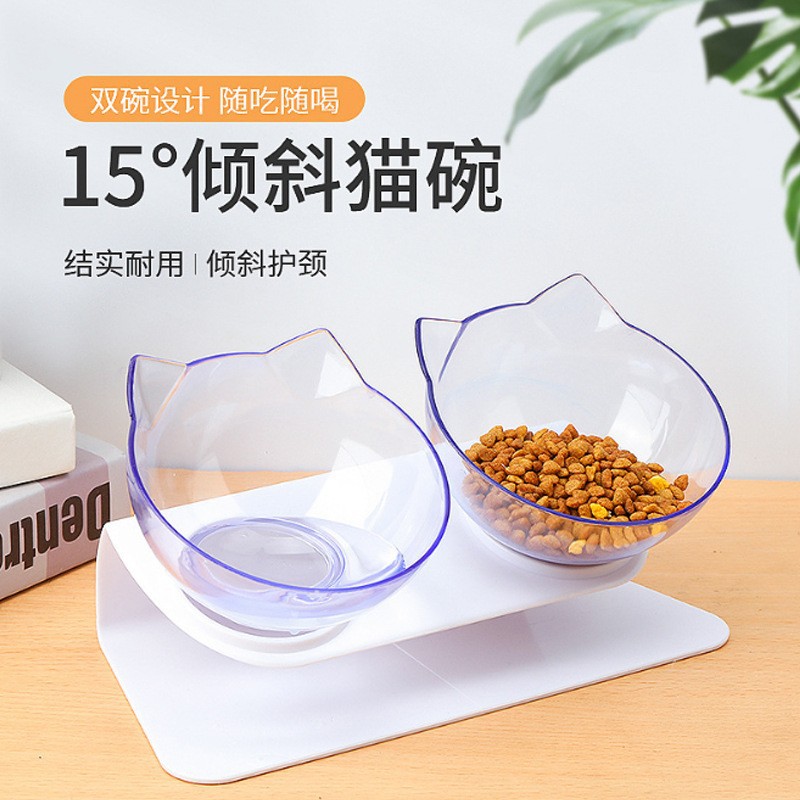 Cruz-frontera caliente gato tazón inclinación 15 grados anti-knock comida tazón de beber y comer conjunto de suministros de mascotas de doble uso en stock al por mayor