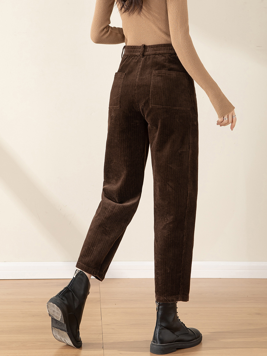 Quần cà rốt nhung kẻ nữ cạp cao ống rộng dáng suông — Màu kaki nhạt