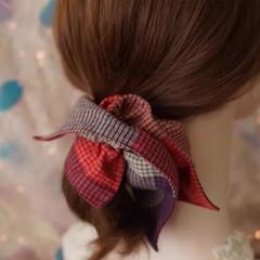 棉麻格子文艺风车方巾发圈大肠圈女头绳发饰原创手作春夏款红紫色