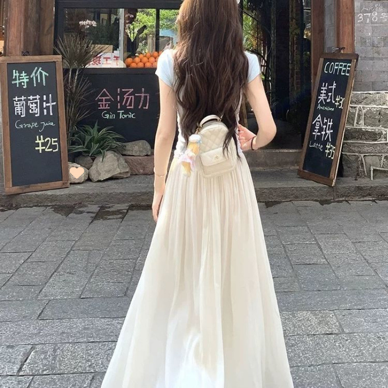 アプリコットフェアリーライトガーゼハイウエストフェアリースカート女性の夏の弾性ハイウエストルーズ多用途痩身ロングスカート|undefined
