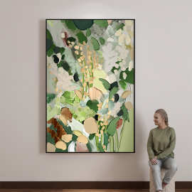 抽象清新花朵手绘油画肌理画客厅沙发背景装饰画玄关走廊绿色挂画