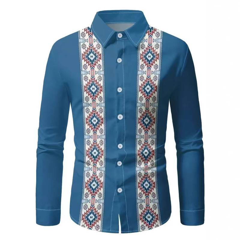 Cross-Border European and American Men's Ethnic Print Casual Shirt with Geometric Patterns, Long-Sleeve Regular Fit Button-Up Shirt
