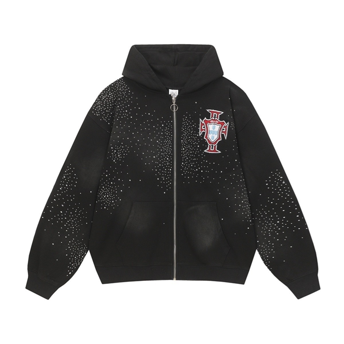 Vale Valley Hoodie Rhinestone Embroidery Zip Up Black