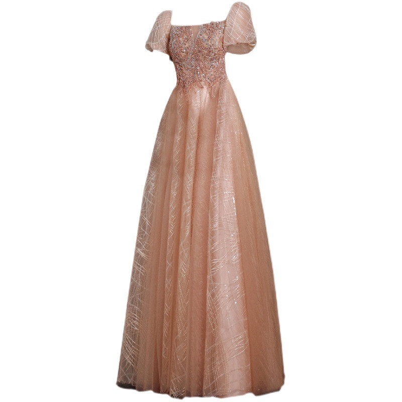 Vestido de novia dorado con mangas abullonadas, nuevo modelo 2026, ajustado, largo, para banquete de boda o actuación.