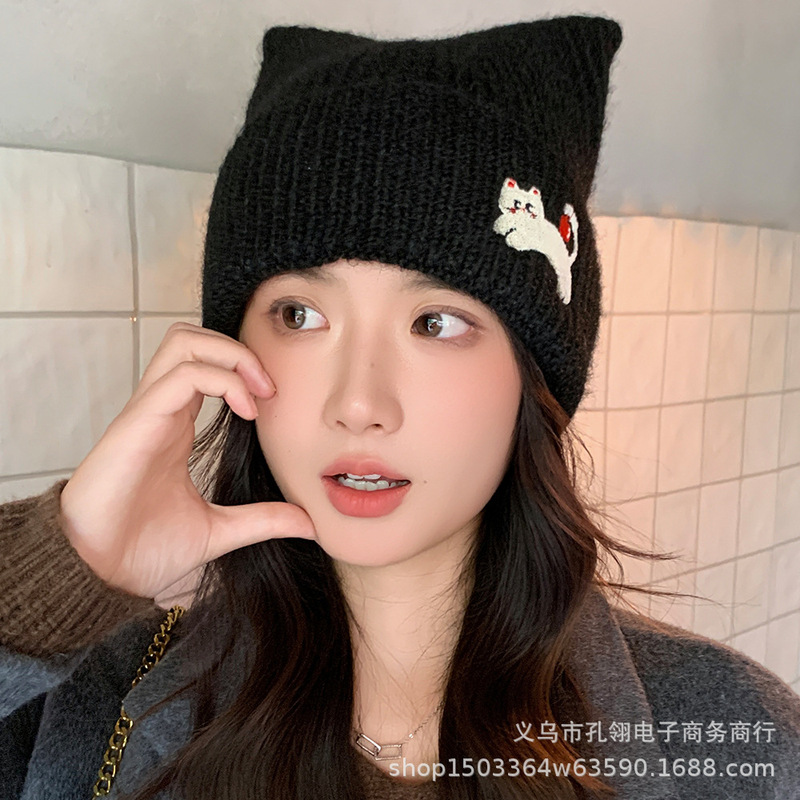 黑色针织帽女日系甜美小猫刺绣毛线帽秋冬保暖显脸小猫耳朵套头帽|undefined