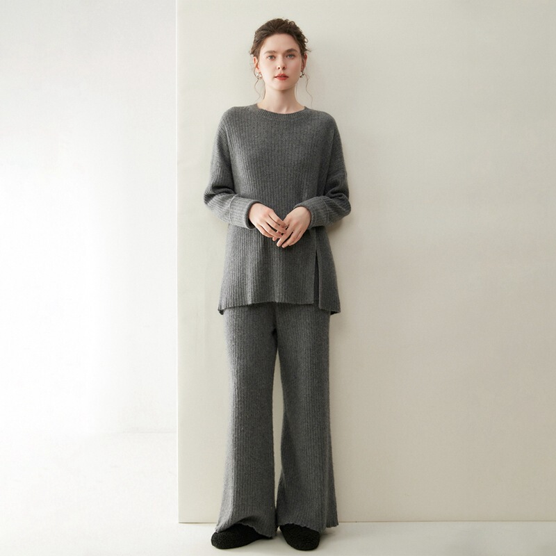 Light Luxury Casual Cashmere Suit Women's Round Neck Pullover Long-Sleeved Sweater Wide-Leg Pants 2025 Autumn and Winter New Two-Piece Set