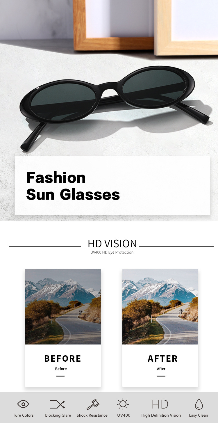 2023 New Vintage Small Frame Sunglasses Fashion Black Tea Oval Frame Cyber Celebrity Sunscreen Glasses Men's and Women's Sunglasses_voghion.com