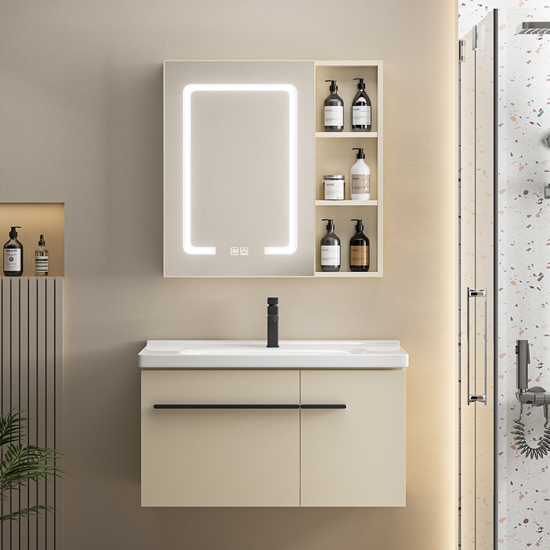 Crema estilo engrosada espacio de aluminio mueble de baño lavabo combinación baño lavabo de cerámica integrado espejo de belleza