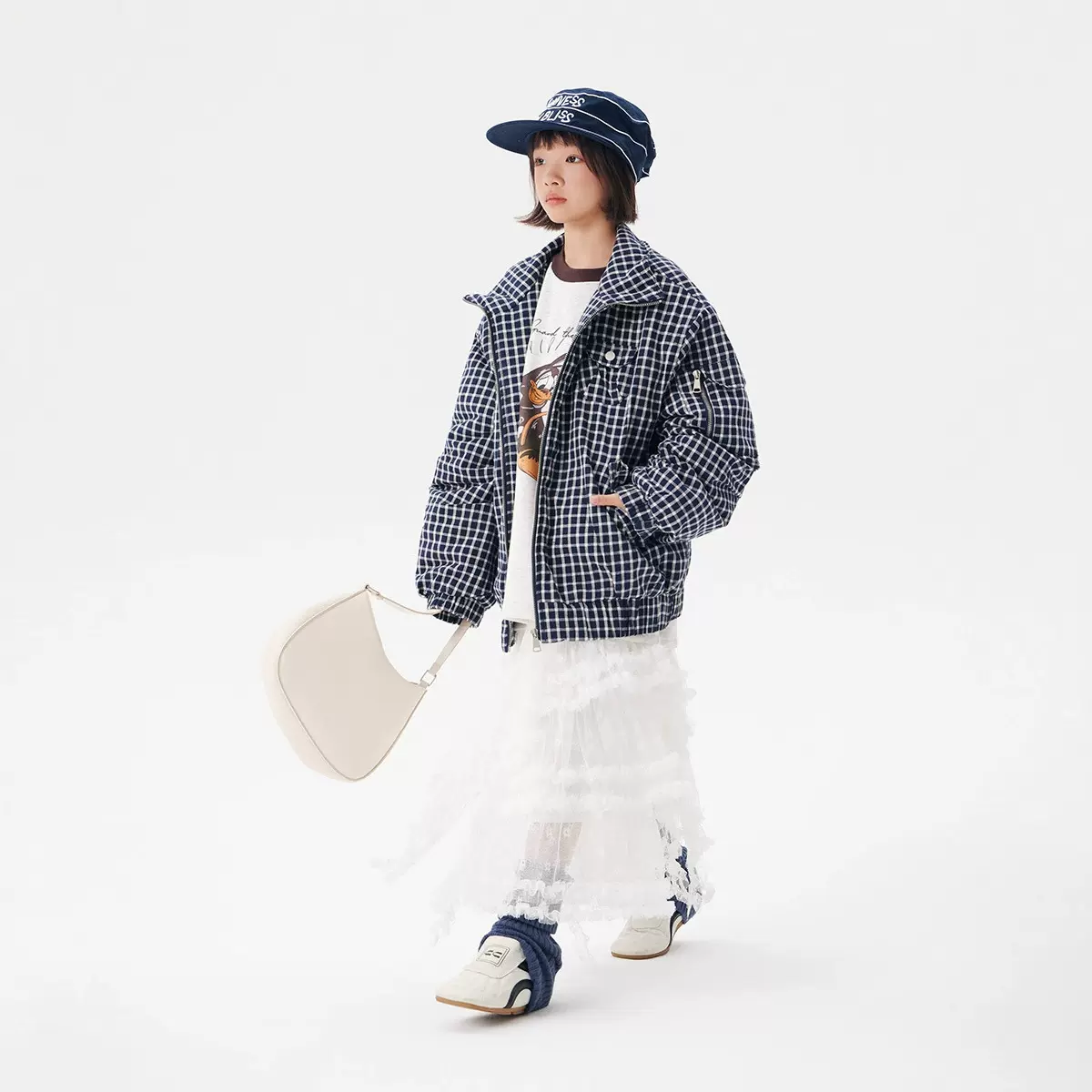 工装风格子棉衣女大童外套深秋冬装2025新款蓝白格纹上衣儿童外套
