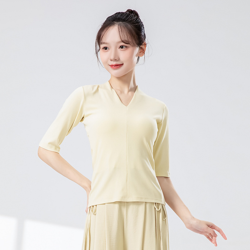 モダンダンス練習着 女性用 新型 Vネック スリムフィット 半袖ニットトップス 中国舞踊 日常体操 ダンスウェア|undefined