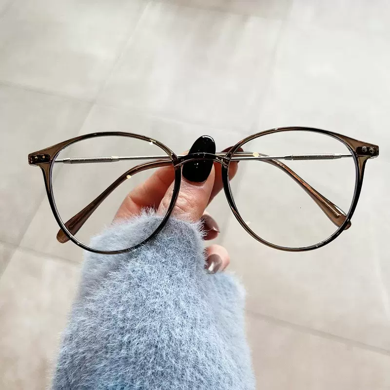 小红书防蓝光眼镜可配度数冷茶色近视眼镜框女圆框透明平光镜架男