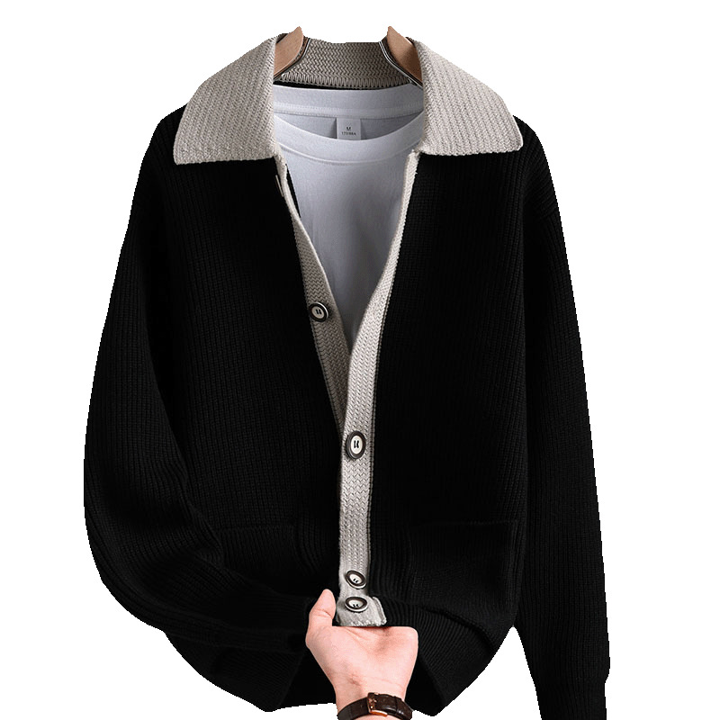 Color contrastante camiseta de punto hombre otoño invierno cardigan suelto marca de moda de hombre alta sensación casual abrigo con solapa suéter