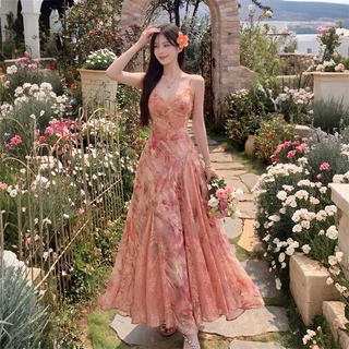 浪漫甜美碎花天丝吊带大摆连衣裙女装2026新款沙滩度假风大摆长裙