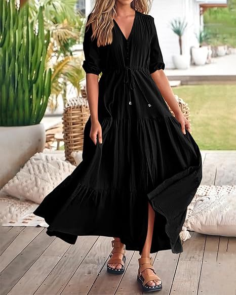 Femmes Robe Régulière Style Simple Col En V Bouton Manche Courte Couleur Unie Maxi Longue Robe Du Quotidien display picture 10