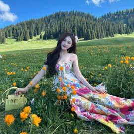 新疆云南大理丽江草原旅游多巴胺绝美连衣裙大裙摆长裙夏海边度假