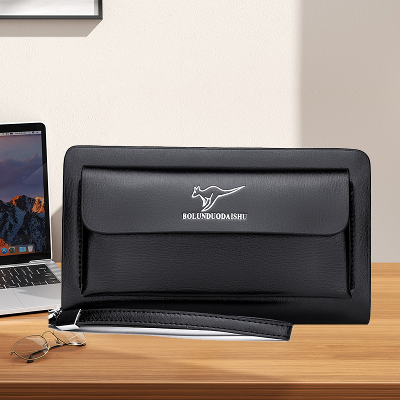 Men's Large Capacity Clutch Bag Double Zipper Long Wallet Stylish Casual Handbag Trendy Mobile Phone Bag Black Brown_voghion.com