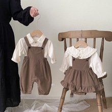 韩版童装婴儿秋季潮搭纯棉休闲背带裤套装男童衬衫工装连体裤帅气