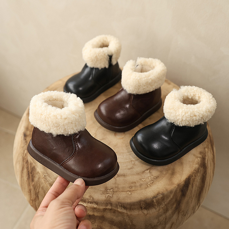 Fur Collar Black Fleece-Lined Boots for Boys and Girls 2025 Winter New Korean Style Mid-Calf Warm Girls' Boots Non-Slip Toddler Boots