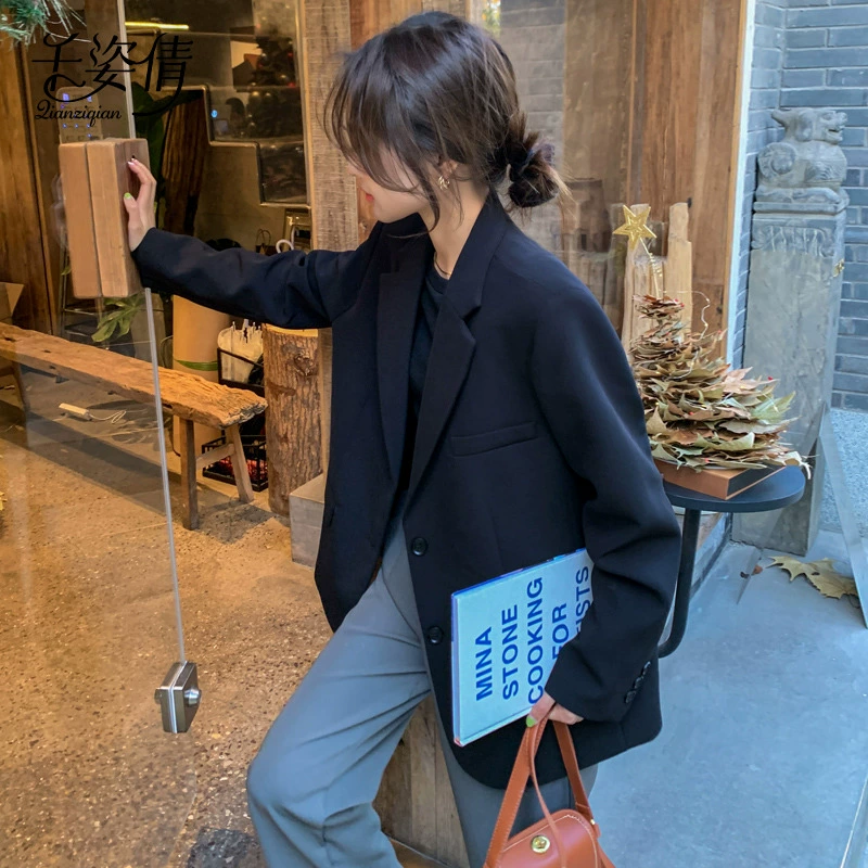 Черный пиджак для женщин весна-осень 2025 новый корейский стиль элегантная рабочая одежда силуэт свободный маленький костюм