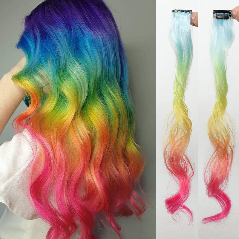 Colorful One-Piece Long Curly Wig for Women with Gradient Color, Ear-Hanging Highlights, Invisible Hair Extensions, One-Piece Color Hairpiece