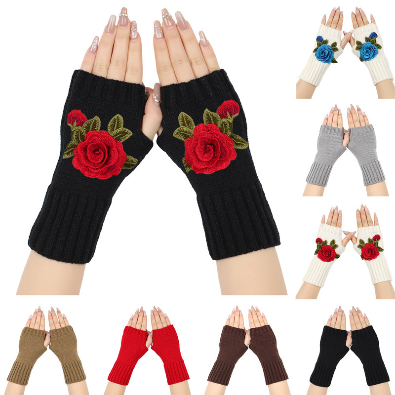 秋冬の毛糸の手袋の保温のメリヤスの指の手袋はDIY布の花の偽の袖のアクリルの半分の指の袖のカバーを貼ることができます。|undefined