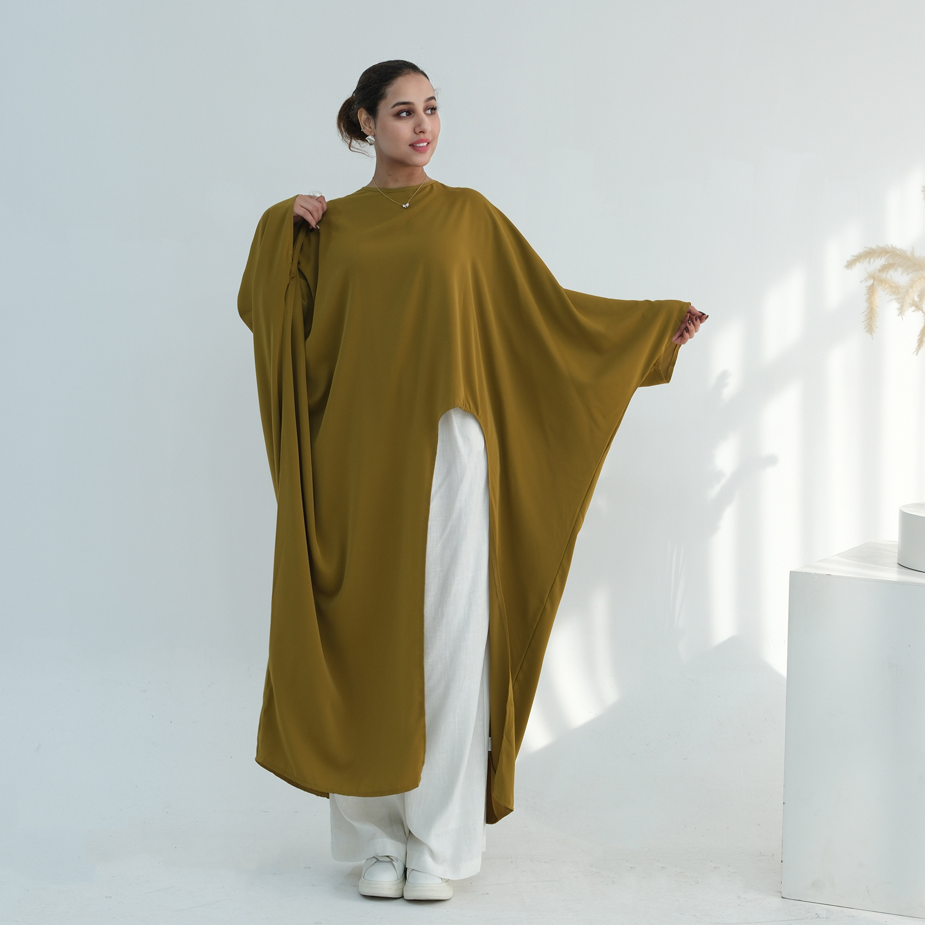 Voya Women's Oversized Modest Robe - Loose Fit Asymmetric Top With Crew Neck, Solid Color Longline Cardigan, Casual Loungewear, Elegant Daily Wear,_ecoleips.com