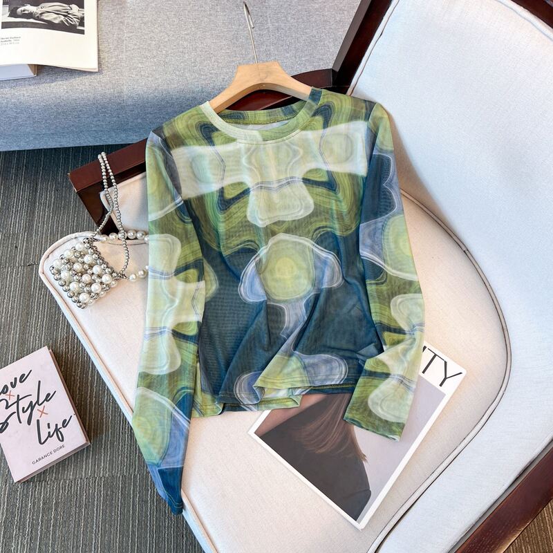 Geometric Irregular Print Long Sleeve Mesh Top for Women, Summer Sheer Sun Protection Shirt, Cool T-Shirt for Women Geometric Irregular Print Long Sleeve Mesh Top for Women, Summer Sheer Sun Protection Shirt, Cool T-Shirt for Women