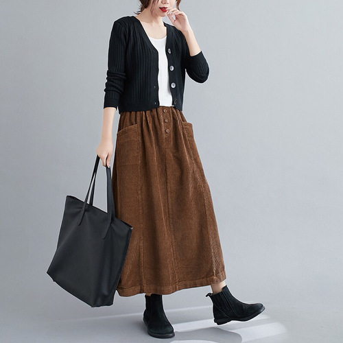 Retro corduroy semi-slip dress for women - new autumn style, loose and flattering, versatile and youthful - medium-length casual skirt