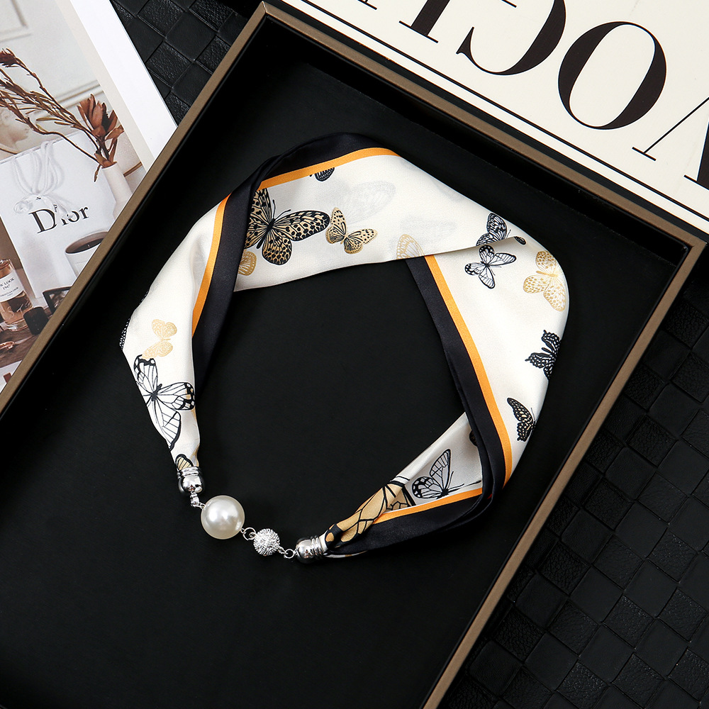 Pañuelo de seda con hebilla magnética de diamantes con incrustaciones de perlas collar mujer retro todo fósforo moda bufanda fina hebilla autocebante babero al por mayor