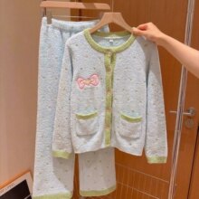 马卡龙拼色蝴蝶结半边绒睡衣女秋冬季加厚保暖开衫套装家居服外穿