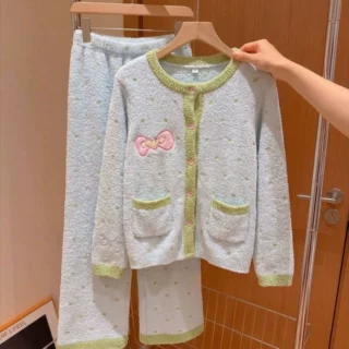 马卡龙拼色蝴蝶结半边绒睡衣女秋冬季加厚保暖开衫套装家居服外穿