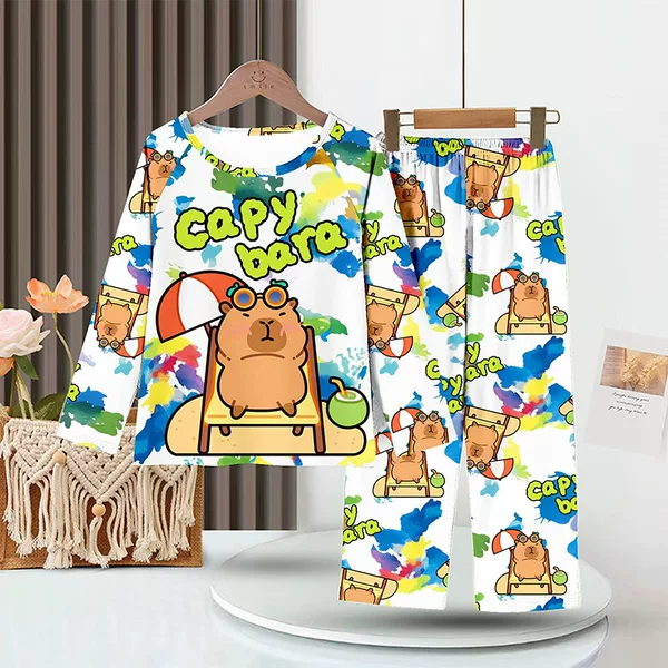 Children's Pajamas for Boys, Long-Sleeved and Long-Pants Pikachu Set, Cartoon Kapibara Home Wear, Thin Style