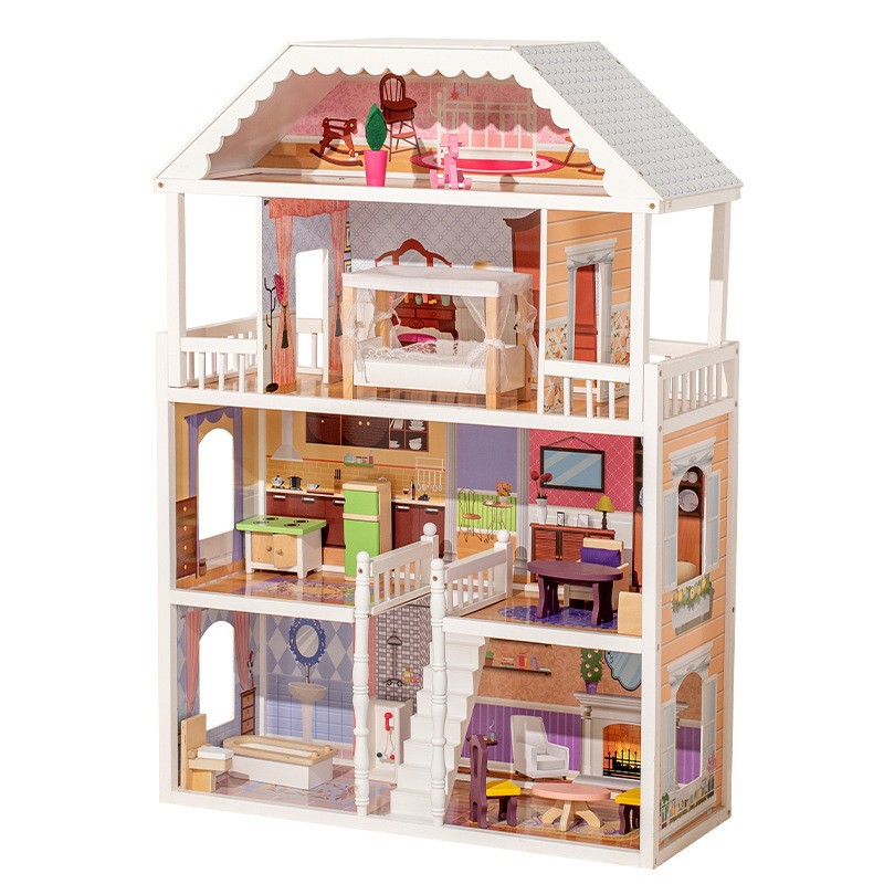 Casa de madera de tres pisos muñeca casa de madera simulación de escena villa mini dormitorio sala de estar muebles juegos de juguetes