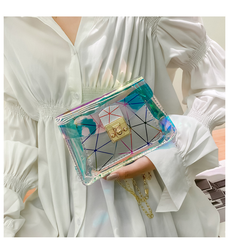 Fashion Transparent Laser Small Square Bag Solid Color Stitching Shoulder Bag display picture 3