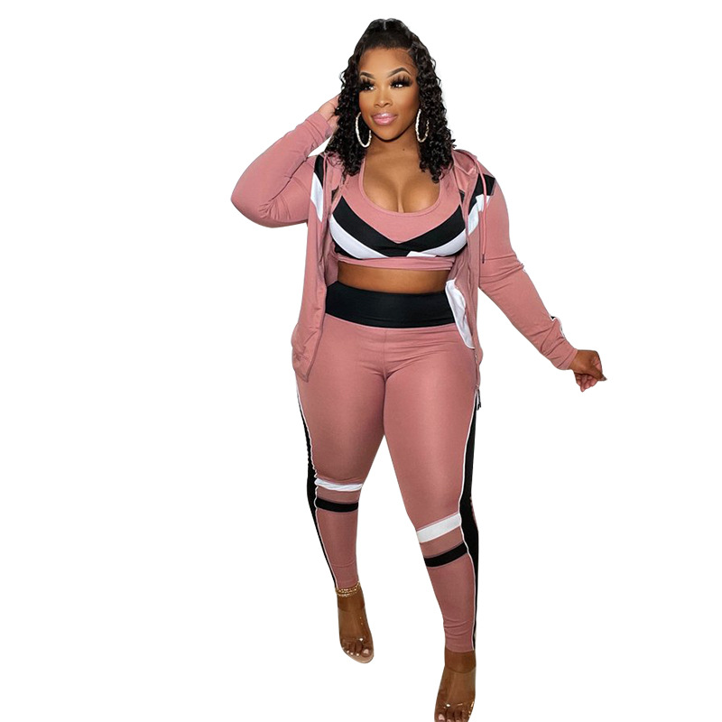 Striped Stitching Hooded Jacket Sling Vest Slim Pant Sports Leisure Three-Piece Suit NSME110733