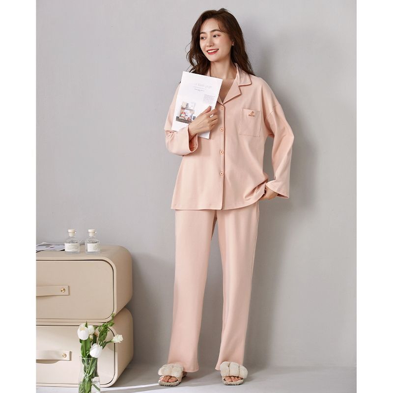 100% pijamas Pantalones de algodón de manga larga de primavera y otoño de las mujeres 2024 nuevo traje de ropa de abrigo suelta simple