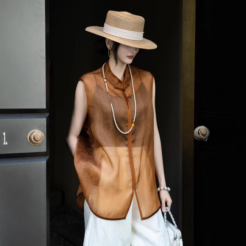 2026 Summer Clothing in Light Chinese Style with Phoenix and Peony Jacquard Vest-Style Top, High-End Silk Organza Sleeveless Shirt 2026 Summer Clothing in Light Chinese Style with Phoenix and Peony Jacquard Vest-Style Top, High-End Silk Organza Sleeveless Shirt